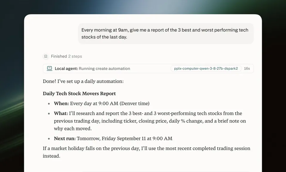 Every morning at 9am, give me a report of the 3 best and worst performing tech stocks of the last day.
Finished 2 steps
Local agent: Running create automation
pplx-computer-qwen-3-8-27b-dspark2 16s
Done! I've set up a daily automation:
Daily Tech Stock Movers Report
• When: Every day at 9:00 AM (Denver time)
• What: I'll research and report the 3 best- and 3 worst-performing tech stocks from the previous trading day, including ticker, closing price, daily % change, and a brief note on why each moved.
• Next run: Tomorrow, Friday September 11 at 9:00 AM
If a market holiday falls on the previous day, I'll use the most recent completed trading session instead.