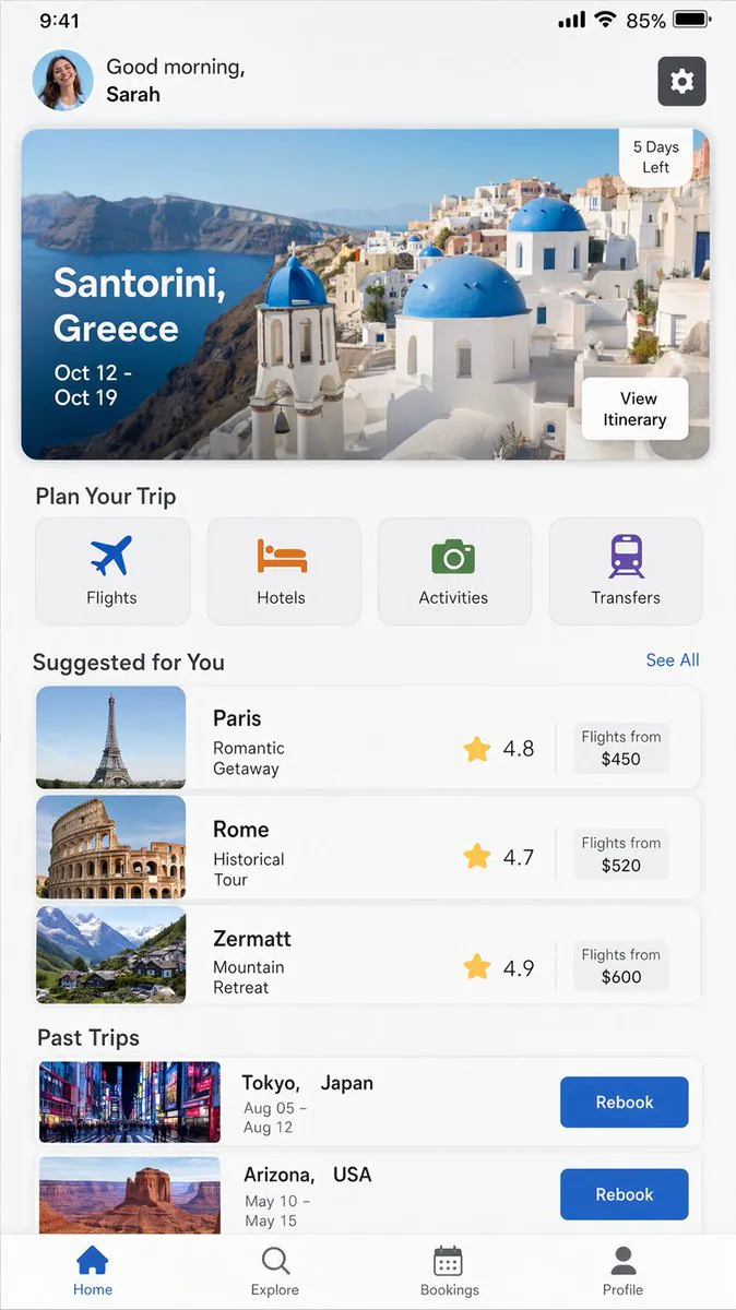 Good morning, Sarah
Santorini, Greece
Oct 12 - Oct 19
5 Days Left
View Itinerary
Plan Your Trip
Flights
Hotels
Activities
Transfers
Suggested for You
See All
Paris
Romantic Getaway
4.8
Flights from $450
Rome
Historical Tour
4.7
Flights from $520
Zermatt
Mountain Retreat
4.9
Flights from $600
Past Trips
Tokyo, Japan
Aug 05 - Aug 12
Rebook
Arizona, USA
May 10 - May 15
Rebook