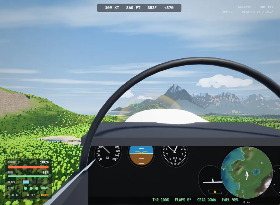 109 KT 860 FT 353° +370; Cockpit · 101 fps 09:30 · Wind 10 kt / 012°; THROTTLE 100%; FUEL 98%; FLAPS; GEAR DOWN; 1.0 G α 1° ASSIST; THR 100% FLAPS 0° GEAR DOWN FUEL 98% 8 km