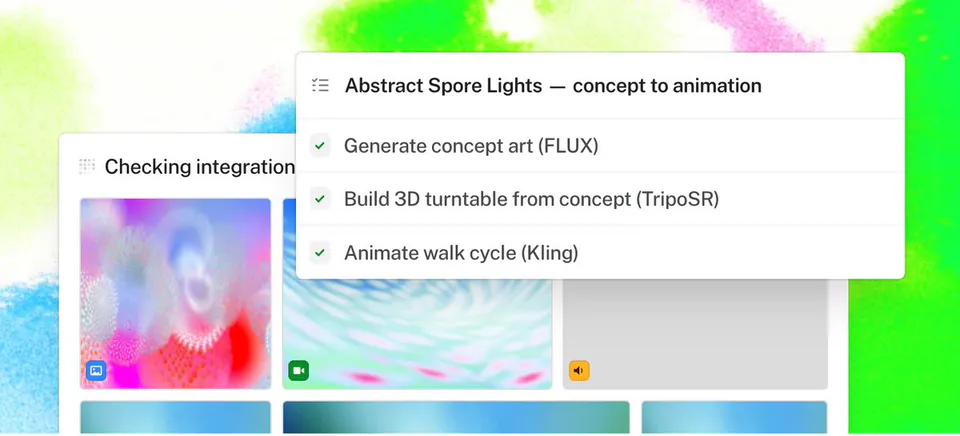 Abstract Spore Lights — concept to animation
Generate concept art (FLUX)
Build 3D turntable from concept (TripoSR)
Animate walk cycle (Kling)