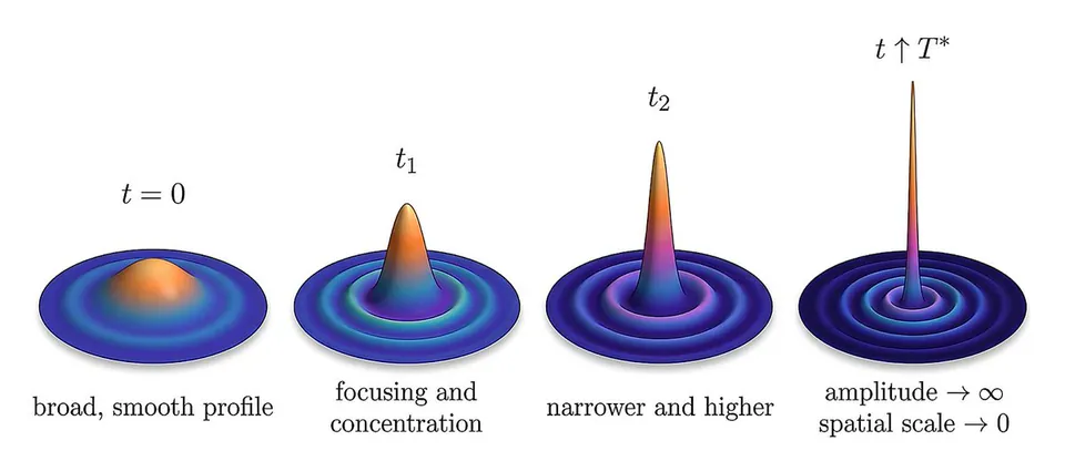 t = 0, broad, smooth profile, t1, focusing and concentration, t2, narrower and higher, t ↑ T*, amplitude → ∞, spatial scale → 0