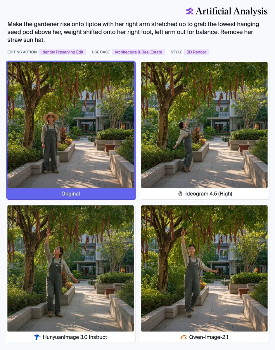 Make the gardener rise onto tiptoe with her right arm stretched up to grab the lowest hanging seed pod above her, weight shifted onto her right foot, left arm out for balance. Remove her straw sun hat.
EDITING ACTION Identity Preserving Edit
USE CASE Architecture & Real Estate
STYLE 3D Render
Original
Ideogram 4.5 (High)
HunyuanImage 3.0 Instruct
Qwen-Image-2.1