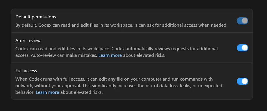 Default permissions
By default, Codex can read and edit files in its workspace. It can ask for additional access when needed