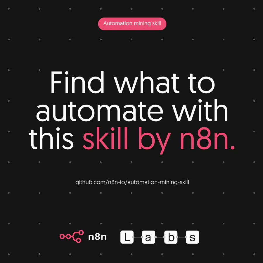 Automation mining skill; Find what to automate with this skill by n8n.; github.com/n8n-io/automation-mining-skill; n8n L a b s