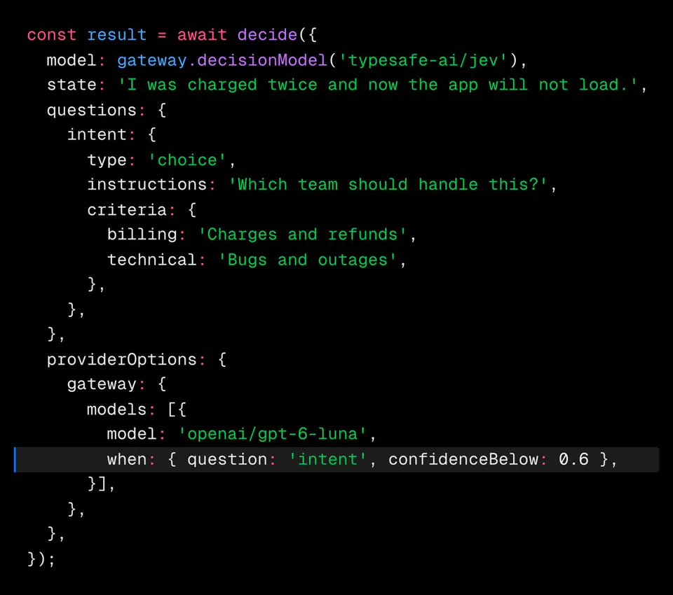 const result = await decide({
  model: gateway.decisionModel('typesafe-ai/jev'),
  state: 'I was charged twice and now the app will not load.',
  questions: {
    intent: {
      type: 'choice',
      instructions: 'Which team should handle this?',
      criteria: {
        billing: 'Charges and refunds',
        technical: 'Bugs and outages',
      },
    },
  },
  providerOptions: {
    gateway: {
      models: [{
        model: 'openai/gpt-6-luna',
        when: { question: 'intent', confidenceBelow: 0.6 },
      }],
    },
  },
});