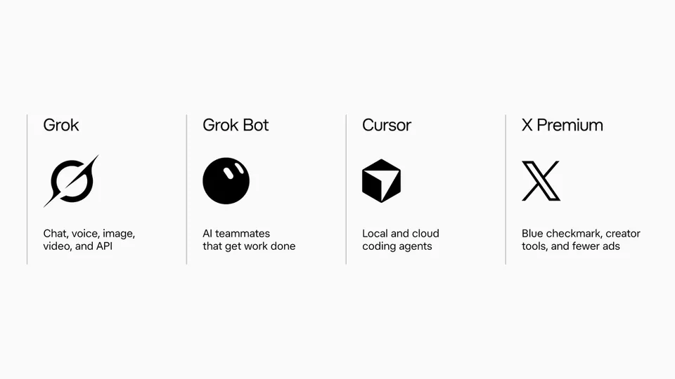 Grok
Chat, voice, image, video, and API