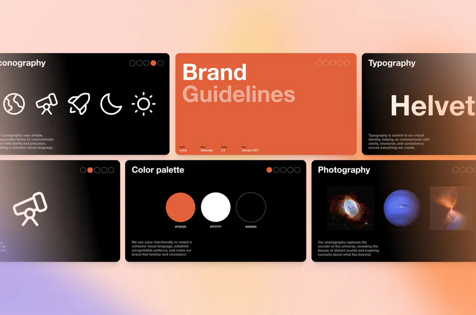 Brand Guidelines; Studio Luma; Client Telescope; Version 2.3; Date January 2027; Color palette; #F35529; #FFFFFF; #000000; Iconography; Typography; Helvet; Photography