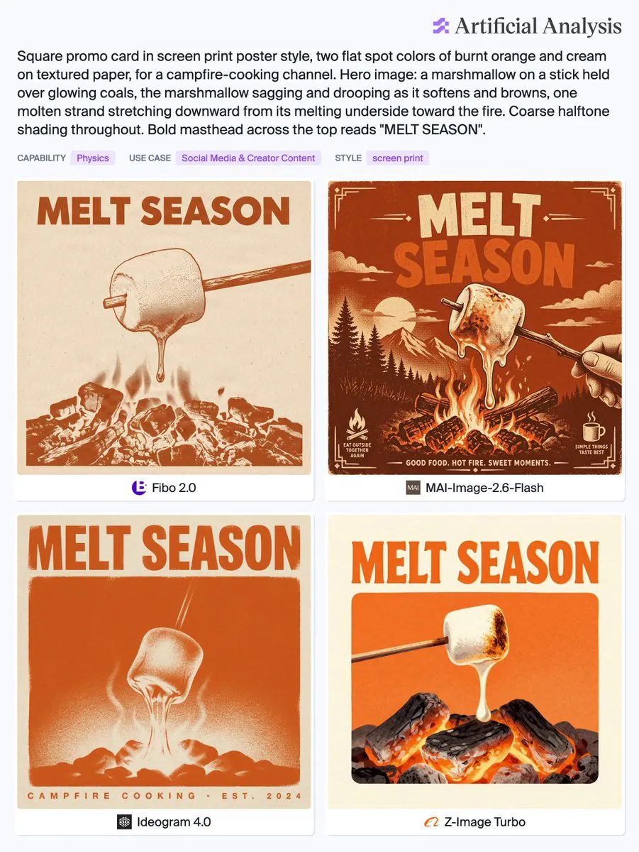 MELT SEASON; Fibo 2.0; MAI-Image-2.6-Flash; EAT OUTSIDE TOGETHER AGAIN; GOOD FOOD. HOT FIRE. SWEET MOMENTS.; SIMPLE THINGS TASTE BEST; Ideogram 4.0; CAMPFIRE COOKING . EST . 2024; Z-Image Turbo