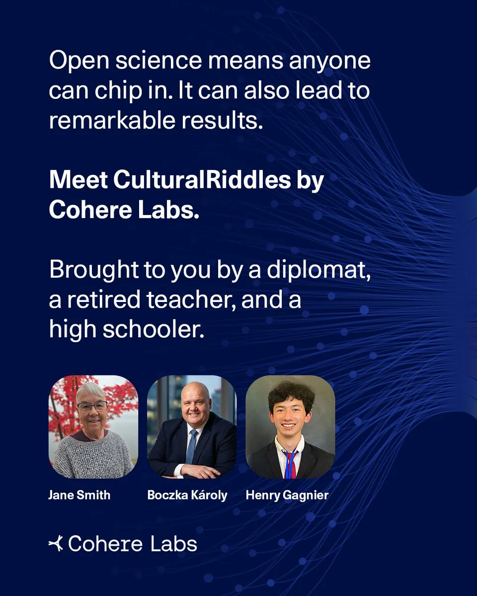 Open science means anyone can chip in. It can also lead to remarkable results. Meet CulturalRiddles by Cohere Labs. Brought to you by a diplomat, a retired teacher, and a high schooler. Jane Smith Boczka Károly Henry Gagnier Cohere Labs