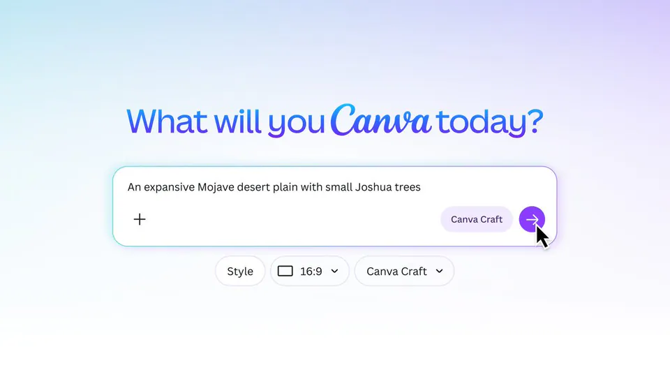 What will you Canva today? An expansive Mojave desert plain with small Joshua trees + Canva Craft Style 16:9 Canva Craft