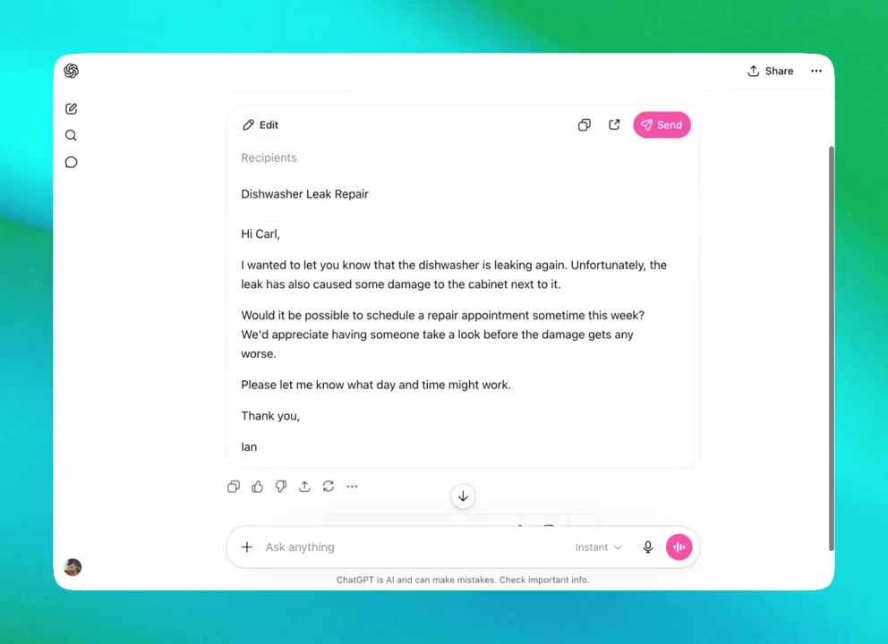 ChatGPT Adds Direct Email Sending From Writing Blocks on the Web