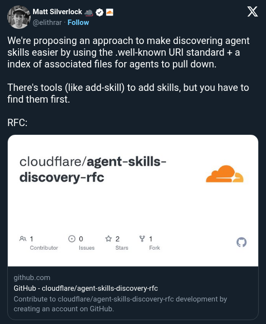 Cloudflare Proposes .well-known URI Standard for Agent Skills Discovery