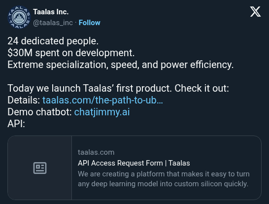 Taalas Launches Hard-Wired Llama Chip Delivering 10x Faster Inference