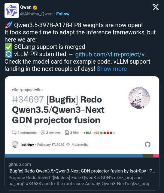 Qwen3.5-397B-A17B FP8 Open Weights Now Available for Self-Hosting