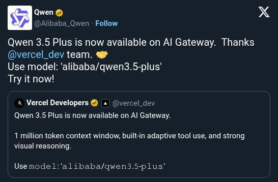Qwen3.5-Plus Arrives on Vercel AI Gateway with 1M Context Window