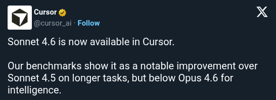 Cursor Adds Claude Sonnet 4.6 with Better Long-Task Benchmark Performance
