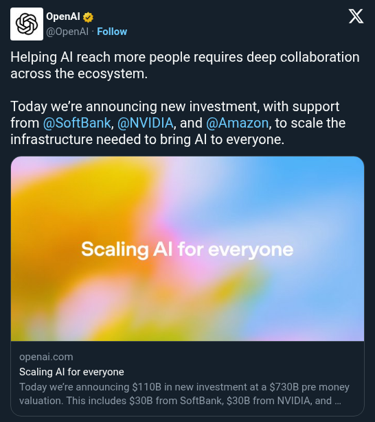 OpenAI Raises $110B From SoftBank, NVIDIA, and Amazon to Scale AI Infrastructure