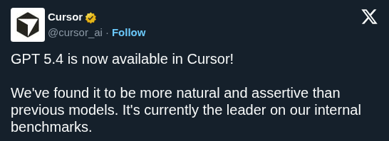 Cursor Now Supports GPT-5.4, Its Current Benchmark Leader