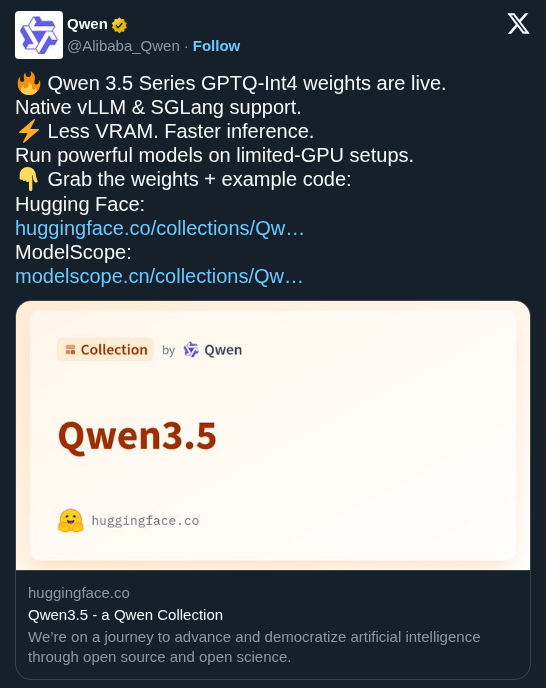 Qwen 3.5 Series Releases GPTQ-Int4 Weights for Limited-GPU Inference