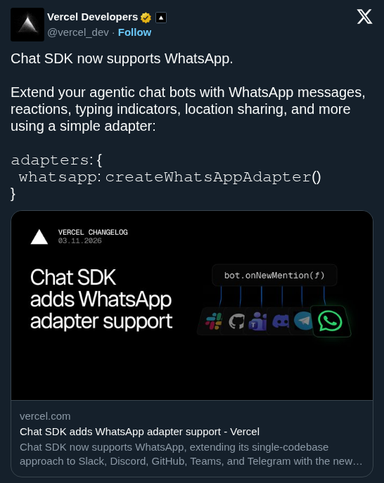 Chat SDK Adds WhatsApp Adapter for Multi-Platform Agentic Bots