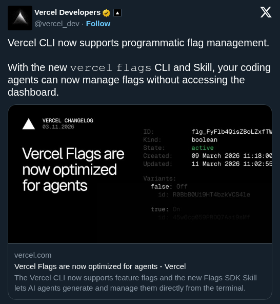 Vercel CLI Adds Programmatic Flag Management for AI Agents