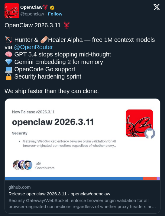 OpenClaw 2026.3.11 Adds Free 1M Context Models and Gemini Memory