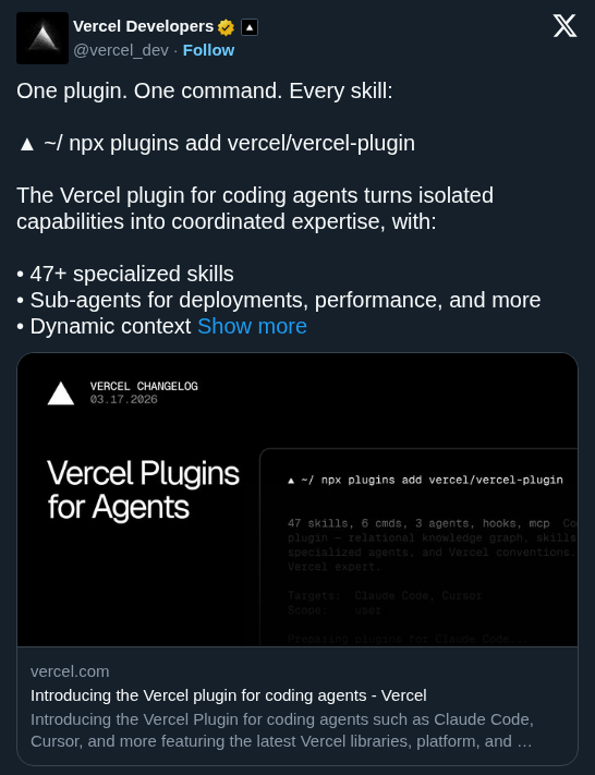 Vercel Launches Plugin Giving Coding Agents 47+ Platform Skills