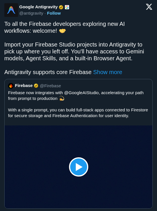 Google Antigravity Lets Firebase Studio Developers Import Projects Directly