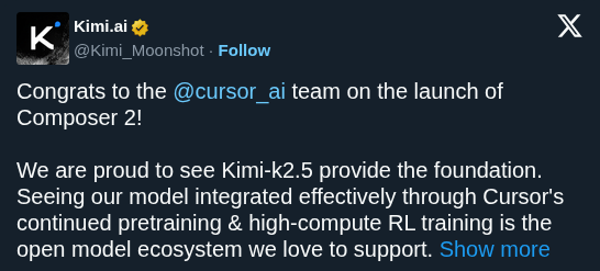 Kimi-k2.5 Powers Cursor Composer 2 via Commercial Open Model Partnership