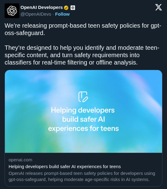 OpenAI Releases Prompt-Based Teen Safety Policies for gpt-oss-safeguard