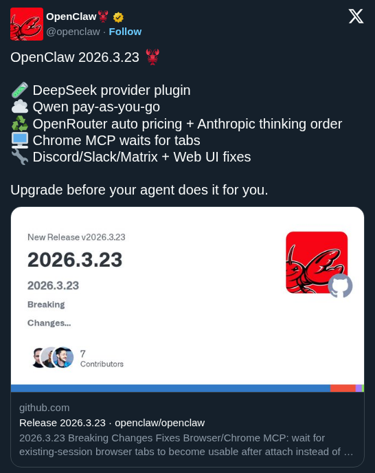 OpenClaw 2026.3.23 Fixes Chrome MCP Timeouts, OpenRouter Pricing, and Messaging Schema