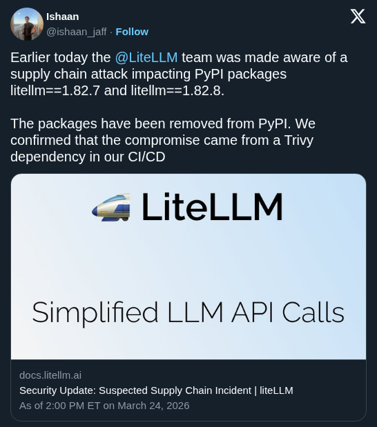LiteLLM Discloses Supply Chain Attack on Two PyPI Packages