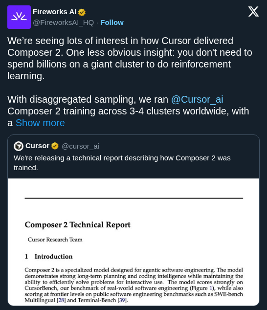 Fireworks AI Powers Cursor Composer 2 With Distributed Global RL Infrastructure
