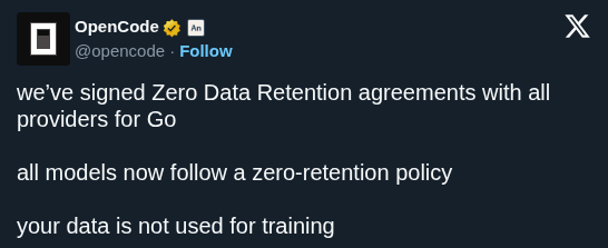 OpenCode secures zero data retention agreements across all Go model providers