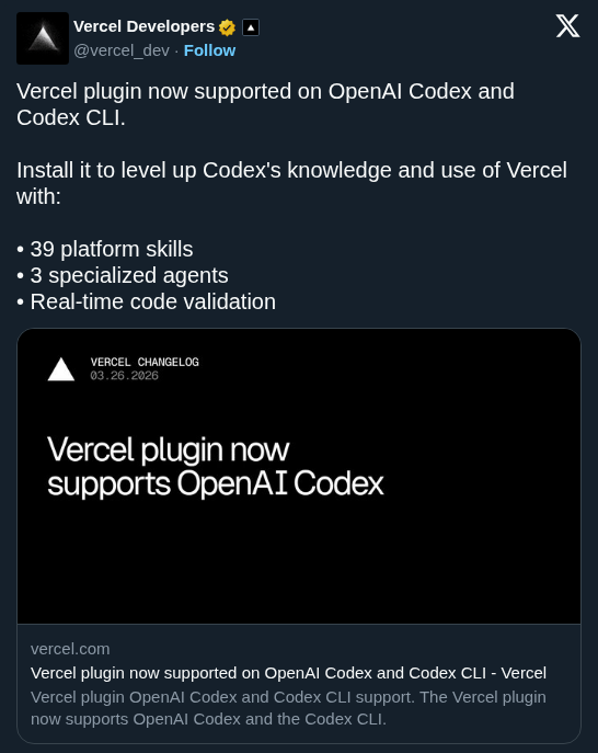Vercel Plugin Brings Platform Skills and Specialized Agents to OpenAI Codex