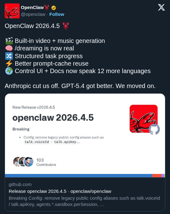 OpenClaw Launches Dreaming Memory System and Native Multimodal Media Generation
