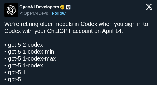 OpenAI Retires Early GPT 5 Models From Codex ChatGPT Login