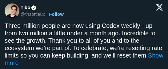 OpenAI Resets Codex Rate Limits to Celebrate Three Million Weekly Users