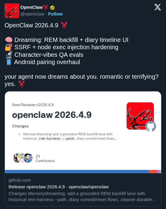 OpenClaw Adds Dreaming Memory Consolidation and Hardens Agent Security