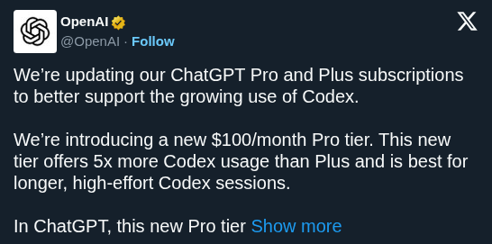 OpenAI Launches $100 ChatGPT Pro Tier for Heavy Codex Usage