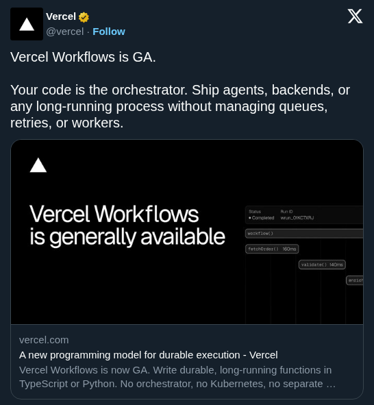 Vercel Launches Workflows to Orchestrate Durable AI Agents Without Infrastructure