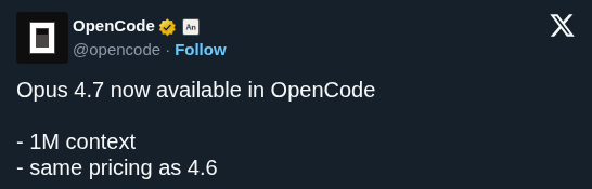 OpenCode adds Opus 4.7 to enable 1M context for open source agents
