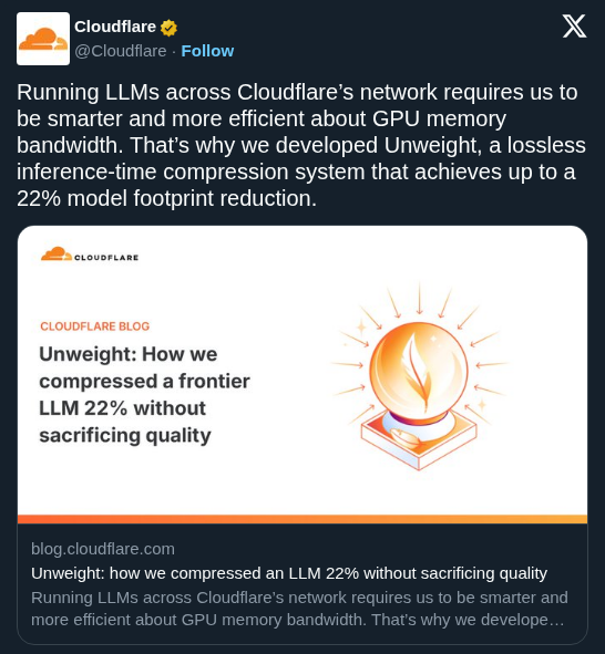 Cloudflare Unweight Achieves Lossless LLM Compression to Solve GPU Memory Bottlenecks