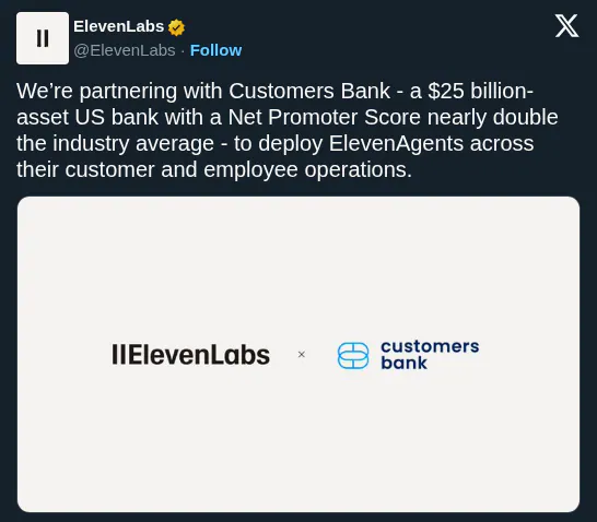 ElevenLabs Partners With Customers Bank to Deploy AI Agents for Banking Workflows