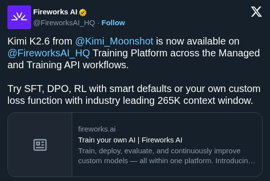 Fireworks AI Adds Kimi K2.6 Training to Build Custom Frontier Agents