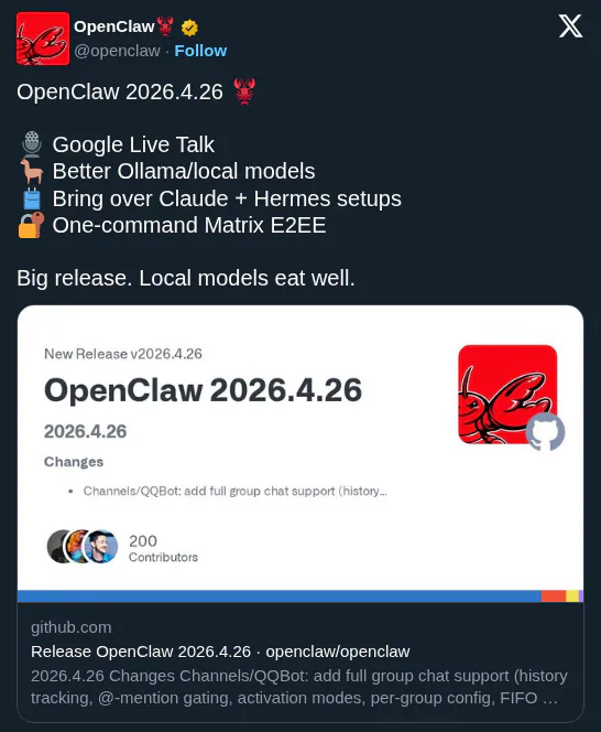OpenClaw v2026.4.26 Ingests Claude Code and Hermes Agent Setups