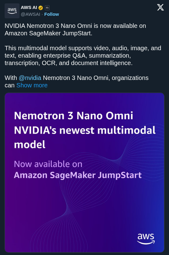 AWS Launches NVIDIA Nemotron 3 Nano Omni for Unified Multimodal Agents