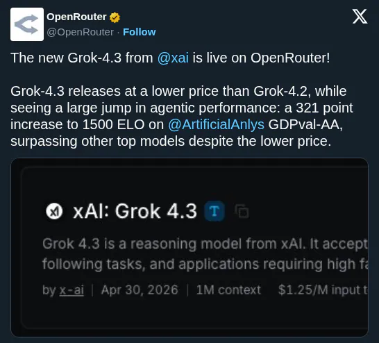 OpenRouter Adds Grok 4.3 With Massive Agentic Performance Jump and Lower Pricing