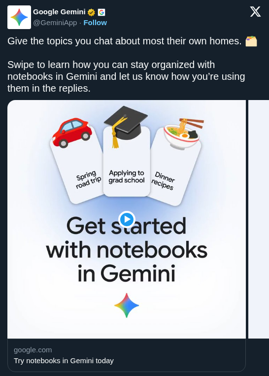 Google Gemini Launches Notebooks to Organize Chats Into Dedicated Project Spaces