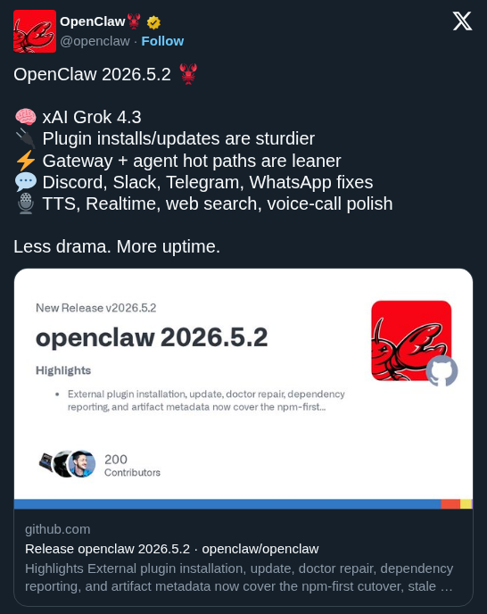 OpenClaw Adds Grok 4.3 and Hardens Infrastructure for Reliable Self-Hosted Agents